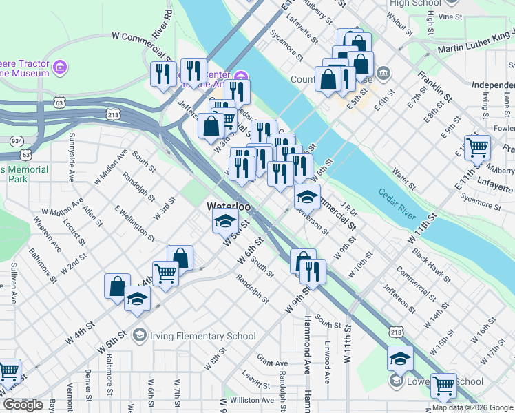 map of restaurants, bars, coffee shops, grocery stores, and more near 691 Washington Street in Waterloo