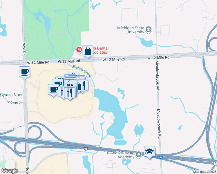 map of restaurants, bars, coffee shops, grocery stores, and more near 27475 Huron Circle in Novi