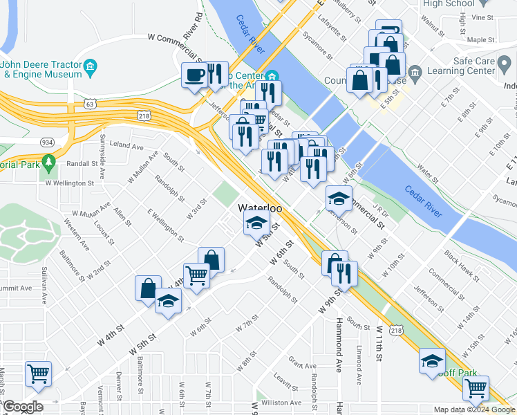 map of restaurants, bars, coffee shops, grocery stores, and more near 580 Washington Street in Waterloo