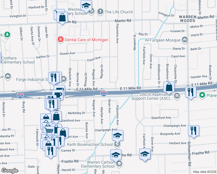map of restaurants, bars, coffee shops, grocery stores, and more near 27254 Marilyn Drive in Warren