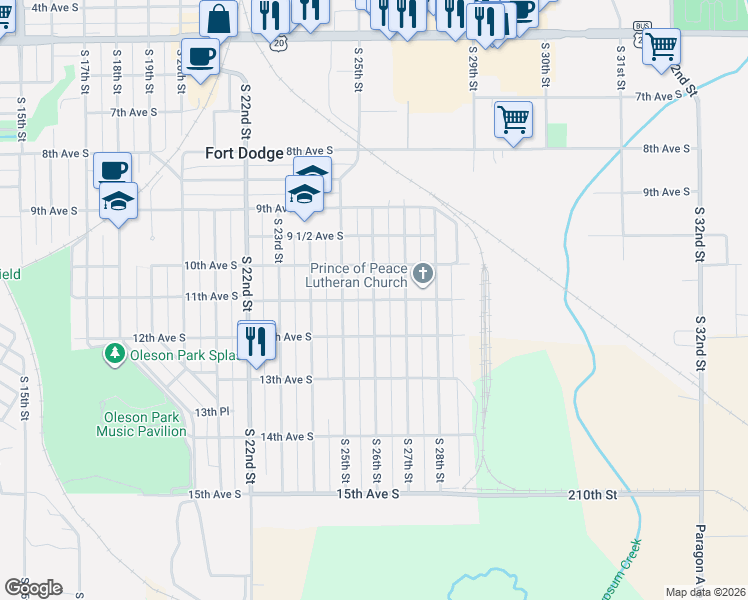 map of restaurants, bars, coffee shops, grocery stores, and more near 1098 South 26th Street in Fort Dodge