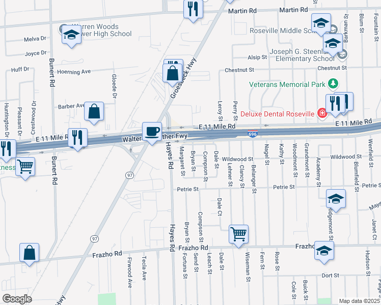 map of restaurants, bars, coffee shops, grocery stores, and more near 26805 Bryan Street in Roseville