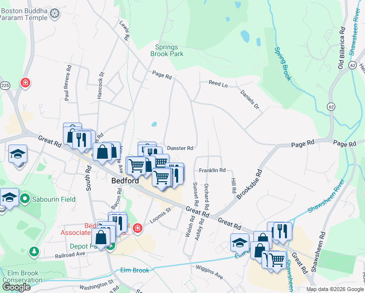 map of restaurants, bars, coffee shops, grocery stores, and more near 43 Dunster Road in Bedford