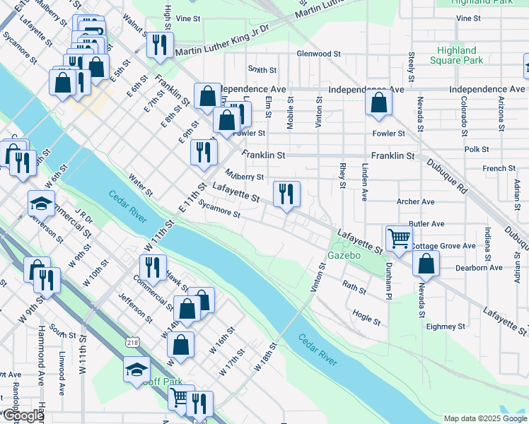 map of restaurants, bars, coffee shops, grocery stores, and more near 212 Elm Street in Waterloo