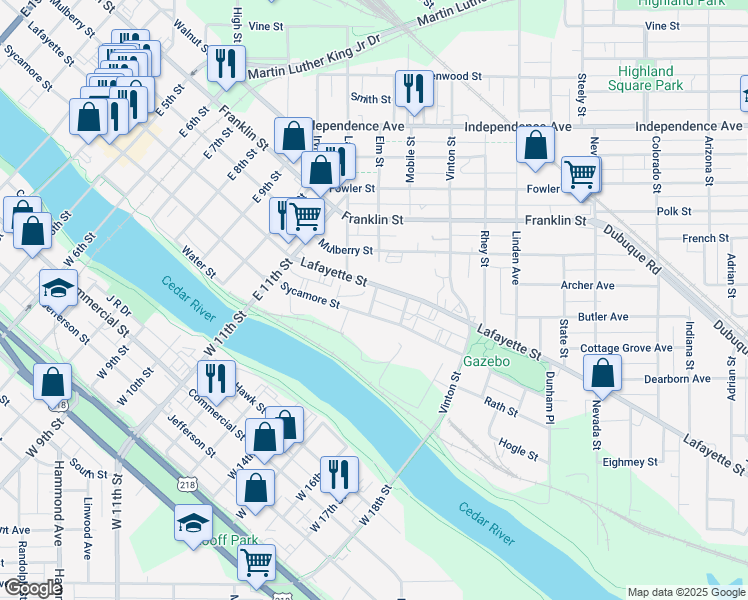 map of restaurants, bars, coffee shops, grocery stores, and more near 212 Elm Street in Waterloo