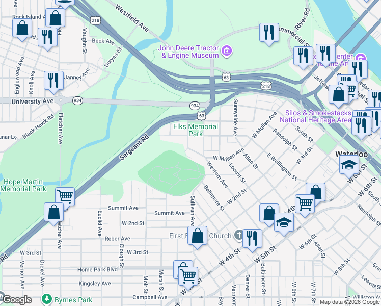 map of restaurants, bars, coffee shops, grocery stores, and more near 210 Norimer Street in Waterloo
