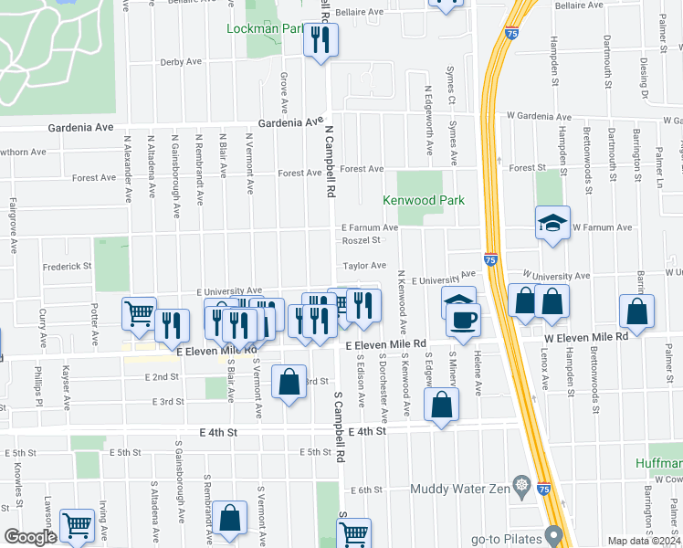 map of restaurants, bars, coffee shops, grocery stores, and more near 308 North Campbell Road in Royal Oak