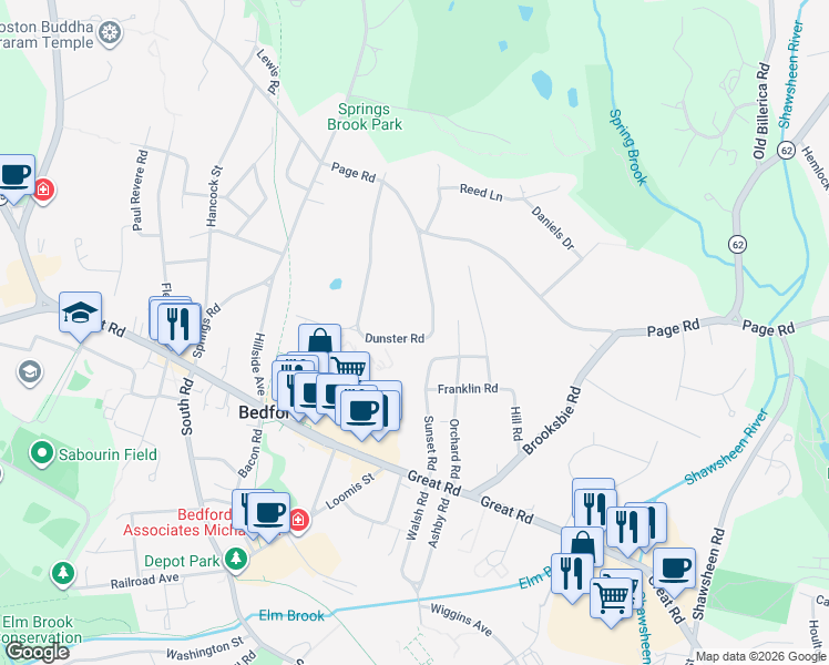 map of restaurants, bars, coffee shops, grocery stores, and more near 43 Dunster Road in Bedford