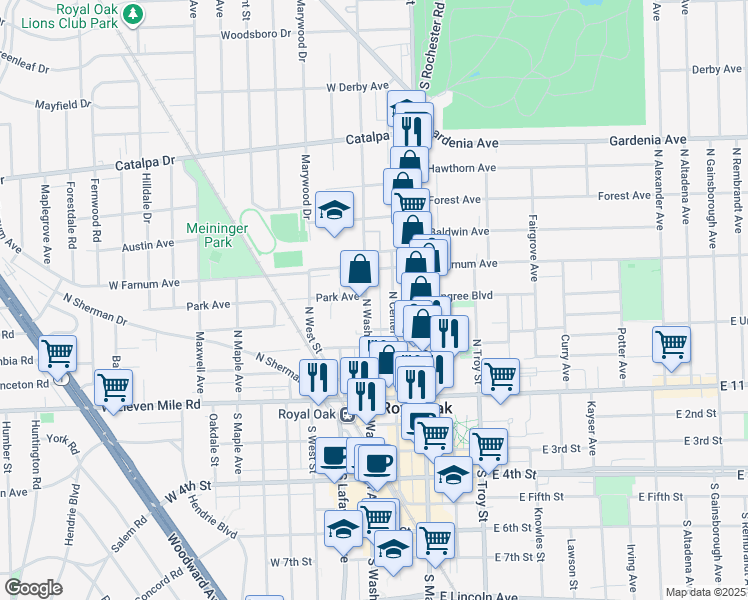 map of restaurants, bars, coffee shops, grocery stores, and more near 518 North Washington Avenue in Royal Oak
