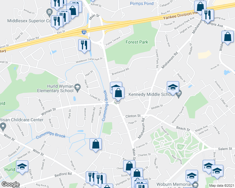 map of restaurants, bars, coffee shops, grocery stores, and more near 687a Main Street in Woburn
