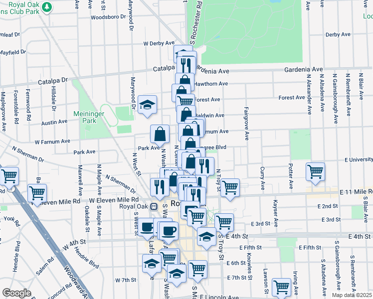 map of restaurants, bars, coffee shops, grocery stores, and more near 517 North Main Street in Royal Oak