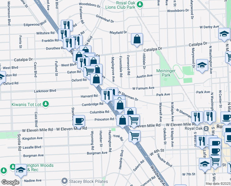 map of restaurants, bars, coffee shops, grocery stores, and more near 1415 West Farnum Avenue in Royal Oak