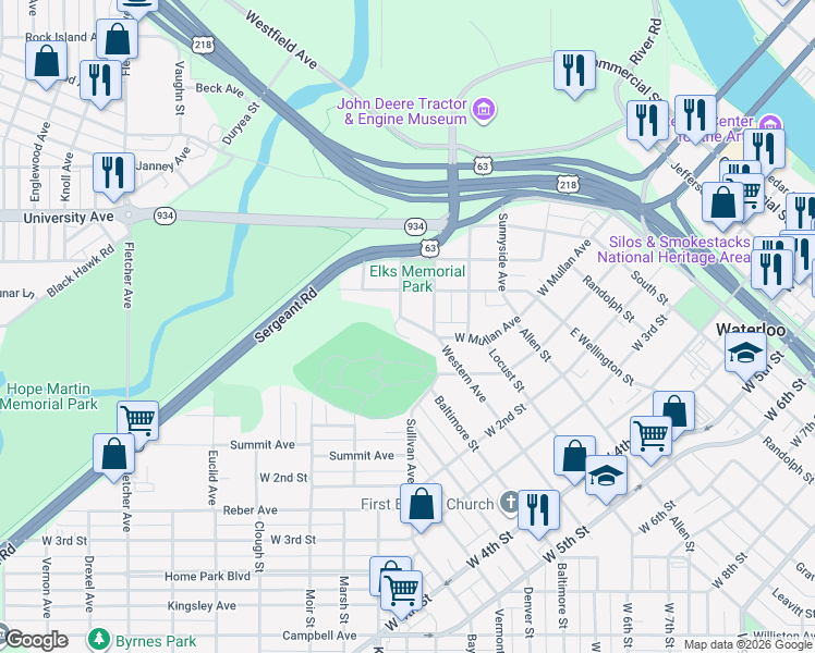 map of restaurants, bars, coffee shops, grocery stores, and more near 210 Norimer Street in Waterloo