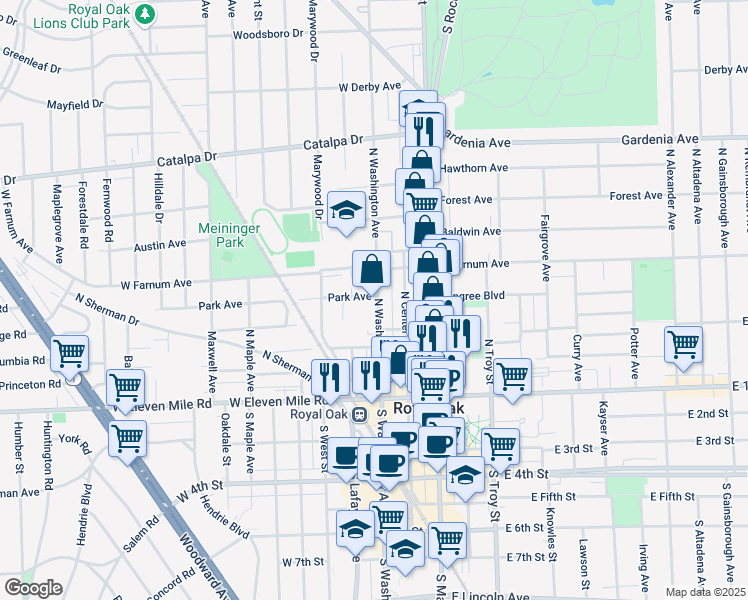 map of restaurants, bars, coffee shops, grocery stores, and more near 307 Park Avenue in Royal Oak