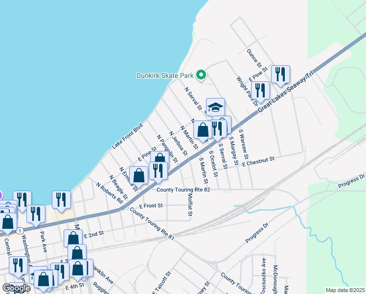 map of restaurants, bars, coffee shops, grocery stores, and more near 20 North Jerboa Street in Dunkirk