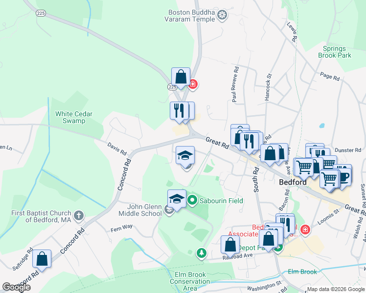 map of restaurants, bars, coffee shops, grocery stores, and more near 23 Concord Road in Bedford