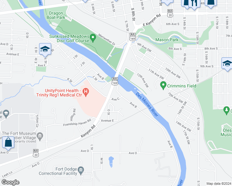 map of restaurants, bars, coffee shops, grocery stores, and more near 1326 Avenue B in Fort Dodge