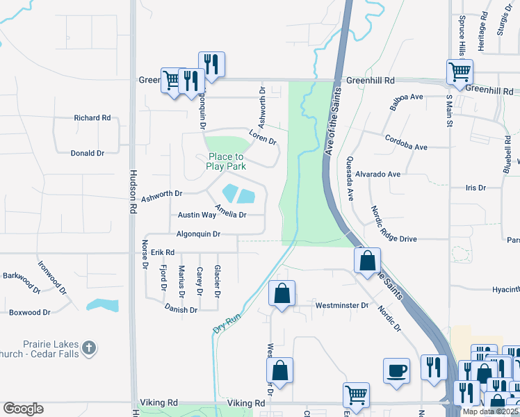 map of restaurants, bars, coffee shops, grocery stores, and more near 5005 Algonquin Drive in Cedar Falls