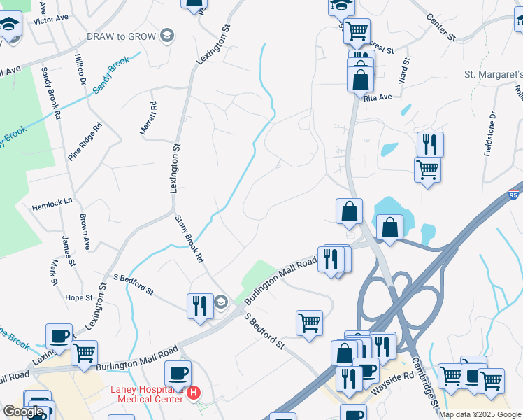 map of restaurants, bars, coffee shops, grocery stores, and more near 29 Sunset Drive in Burlington