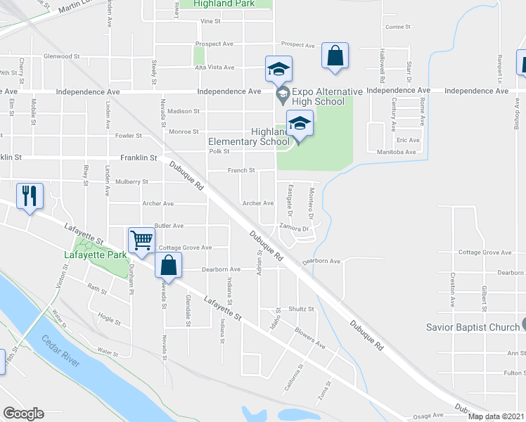 map of restaurants, bars, coffee shops, grocery stores, and more near 902 Adrian Street in Waterloo