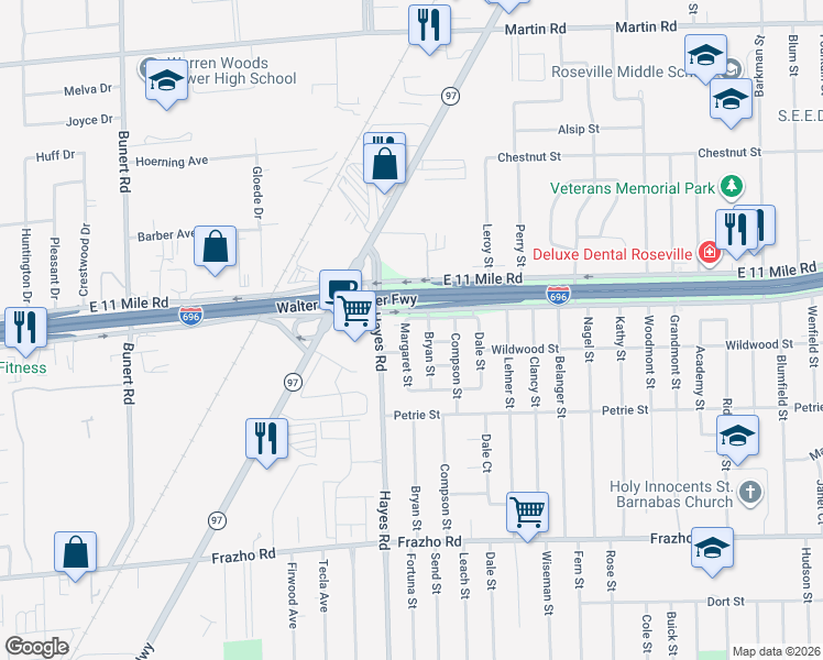 map of restaurants, bars, coffee shops, grocery stores, and more near 26766 Margaret Street in Roseville