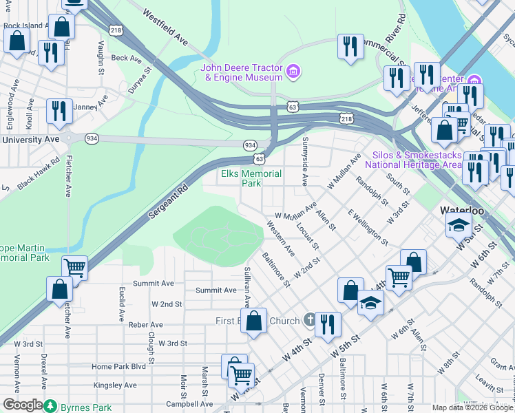 map of restaurants, bars, coffee shops, grocery stores, and more near 434 Belmont Avenue in Waterloo