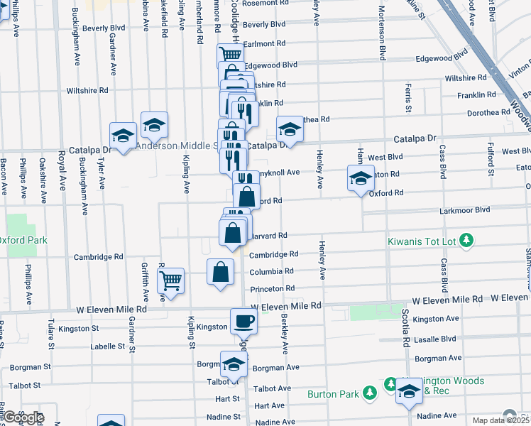 map of restaurants, bars, coffee shops, grocery stores, and more near 2345 Oxford Road in Berkley