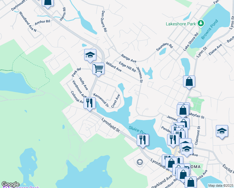 map of restaurants, bars, coffee shops, grocery stores, and more near 60 Fair Oaks Avenue in Lynn