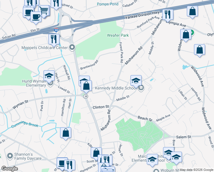 map of restaurants, bars, coffee shops, grocery stores, and more near 32 Eaton Avenue in Woburn