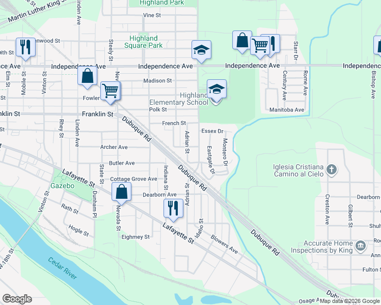 map of restaurants, bars, coffee shops, grocery stores, and more near 902 Adrian Street in Waterloo