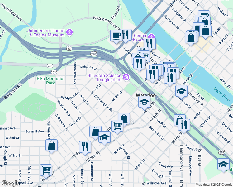 map of restaurants, bars, coffee shops, grocery stores, and more near 330 South Street in Waterloo