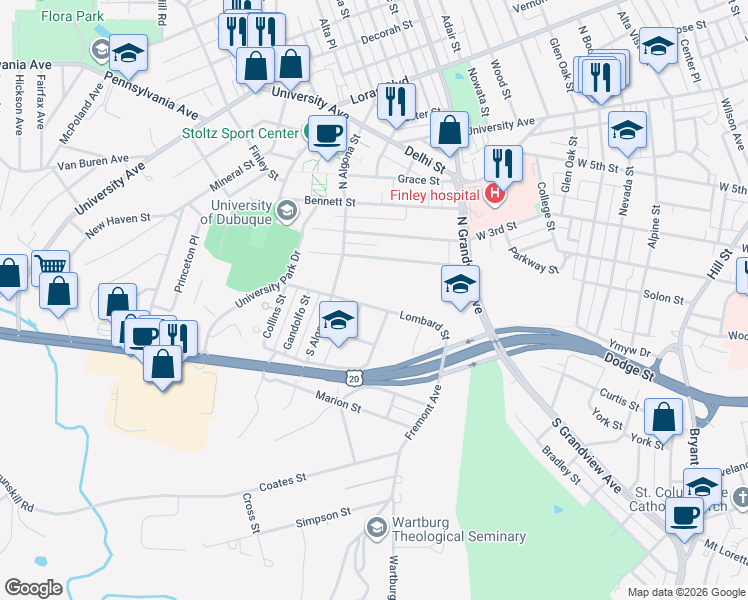map of restaurants, bars, coffee shops, grocery stores, and more near 2085 Lombard Street in Dubuque