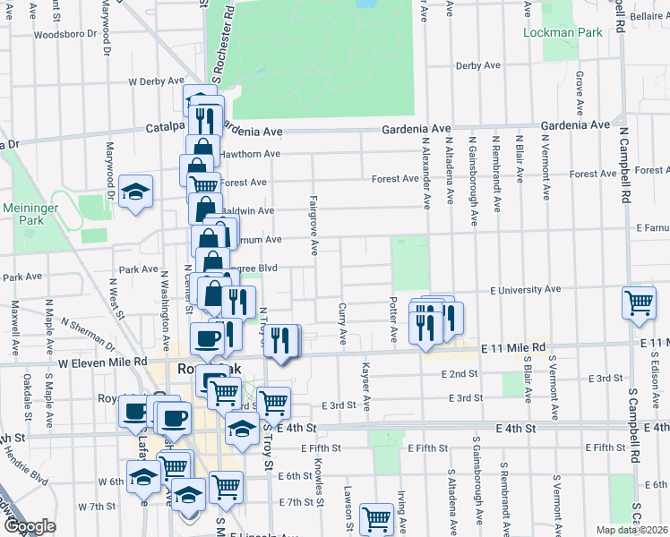 map of restaurants, bars, coffee shops, grocery stores, and more near 512 Fairgrove Avenue in Royal Oak