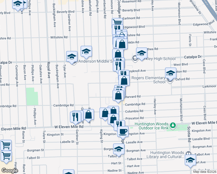 map of restaurants, bars, coffee shops, grocery stores, and more near 2679 Oxford Road in Berkley