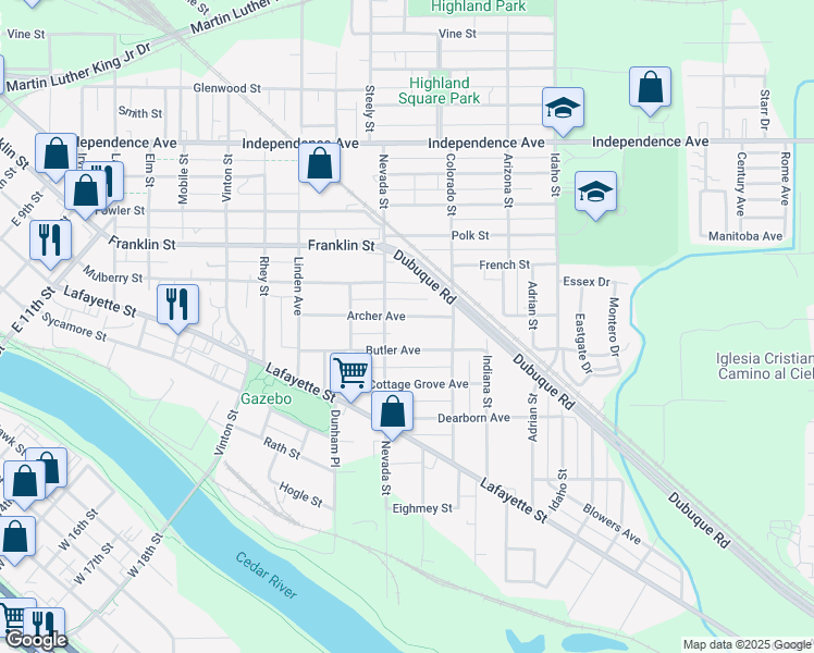 map of restaurants, bars, coffee shops, grocery stores, and more near 522 Archer Avenue in Waterloo