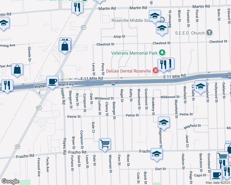 map of restaurants, bars, coffee shops, grocery stores, and more near 26730 Belanger Street in Roseville