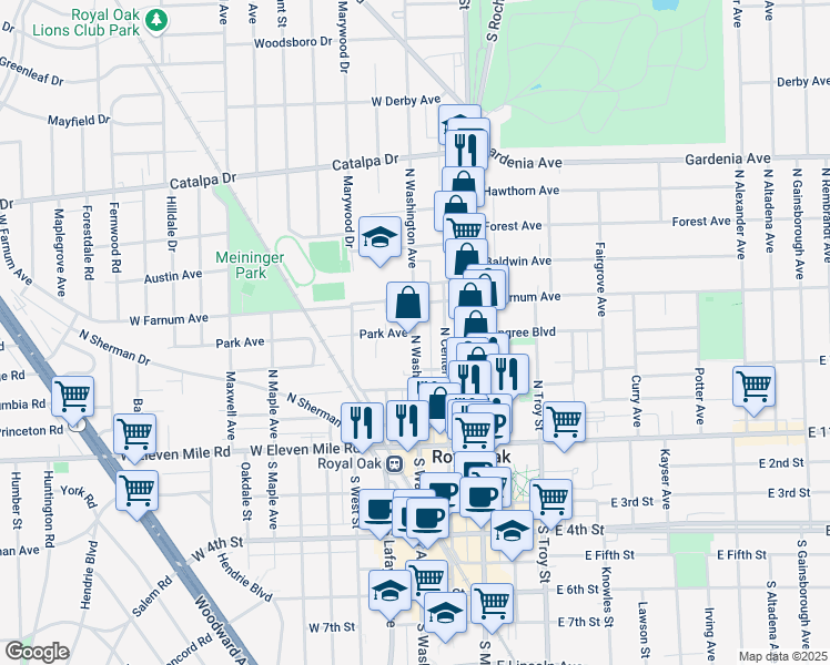 map of restaurants, bars, coffee shops, grocery stores, and more near 301 Park Avenue in Royal Oak
