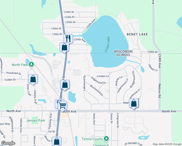 map of restaurants, bars, coffee shops, grocery stores, and more near 180 Lakewood Drive in Antioch