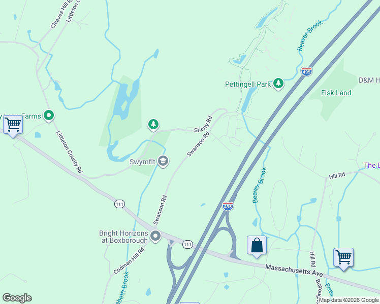 map of restaurants, bars, coffee shops, grocery stores, and more near 232 Swanson Road in Boxborough