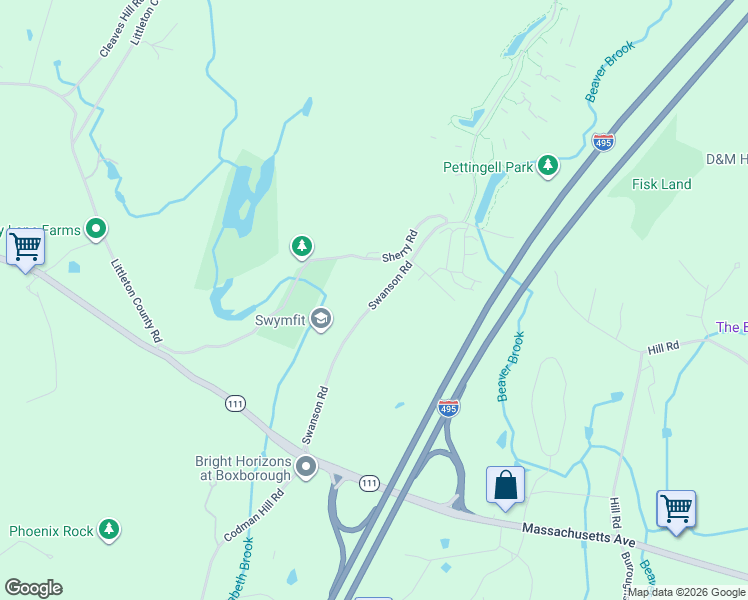 map of restaurants, bars, coffee shops, grocery stores, and more near 232 Swanson Road in Boxborough