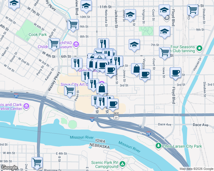 map of restaurants, bars, coffee shops, grocery stores, and more near 600 4th Street in Sioux City