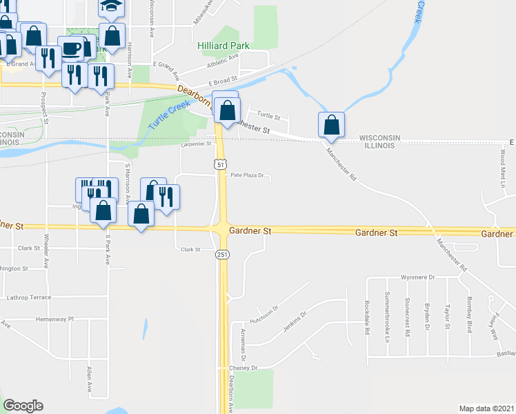 map of restaurants, bars, coffee shops, grocery stores, and more near 1450 Pate Plaza Drive in South Beloit