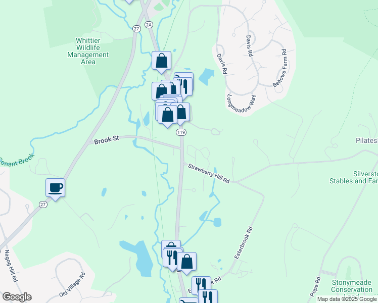 map of restaurants, bars, coffee shops, grocery stores, and more near 14 Strawberry Hill Road in Acton