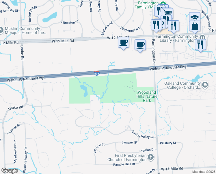 map of restaurants, bars, coffee shops, grocery stores, and more near 26655 Farmington Road in Farmington Hills