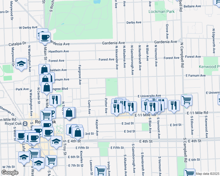 map of restaurants, bars, coffee shops, grocery stores, and more near 599 North Alexander Avenue in Royal Oak