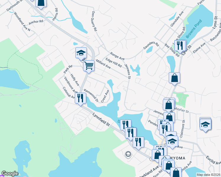 map of restaurants, bars, coffee shops, grocery stores, and more near 60 Fair Oaks Avenue in Lynn