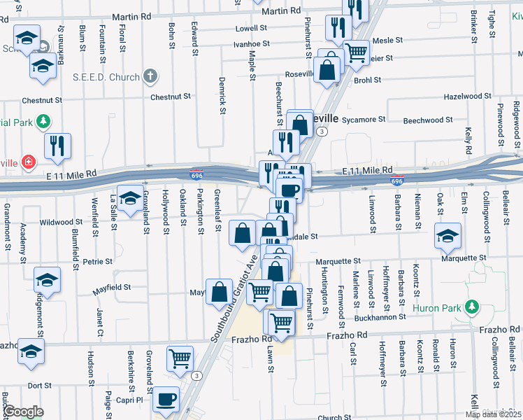map of restaurants, bars, coffee shops, grocery stores, and more near 26804 East Park Street in Roseville