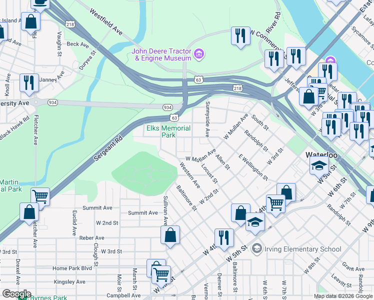 map of restaurants, bars, coffee shops, grocery stores, and more near 415 Oaklawn Avenue in Waterloo