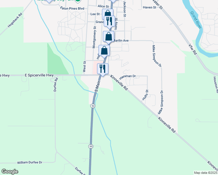map of restaurants, bars, coffee shops, grocery stores, and more near 9210 Kinneville Road in Eaton Rapids