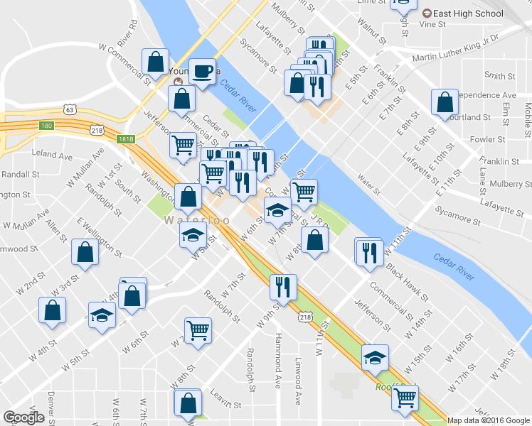 map of restaurants, bars, coffee shops, grocery stores, and more near 224 W 6th St in Waterloo